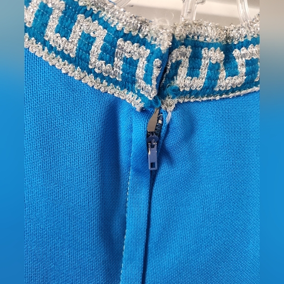 70s Twiggy MOD Zip Hi Neck Sparkly Greek Key Trim Star Trek Vin Mini Dress OO - Picture 16 of 16